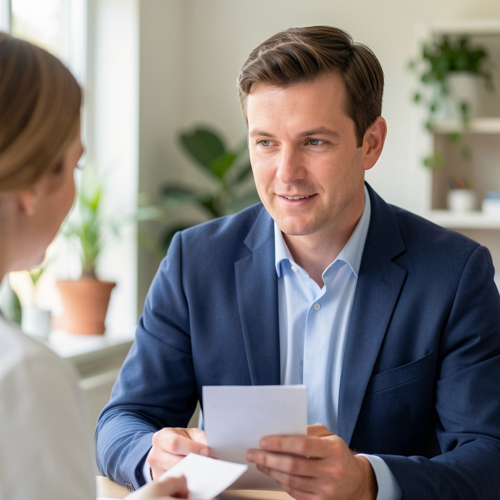 Man discussing health notes with a UK clinician in a calm consultation room