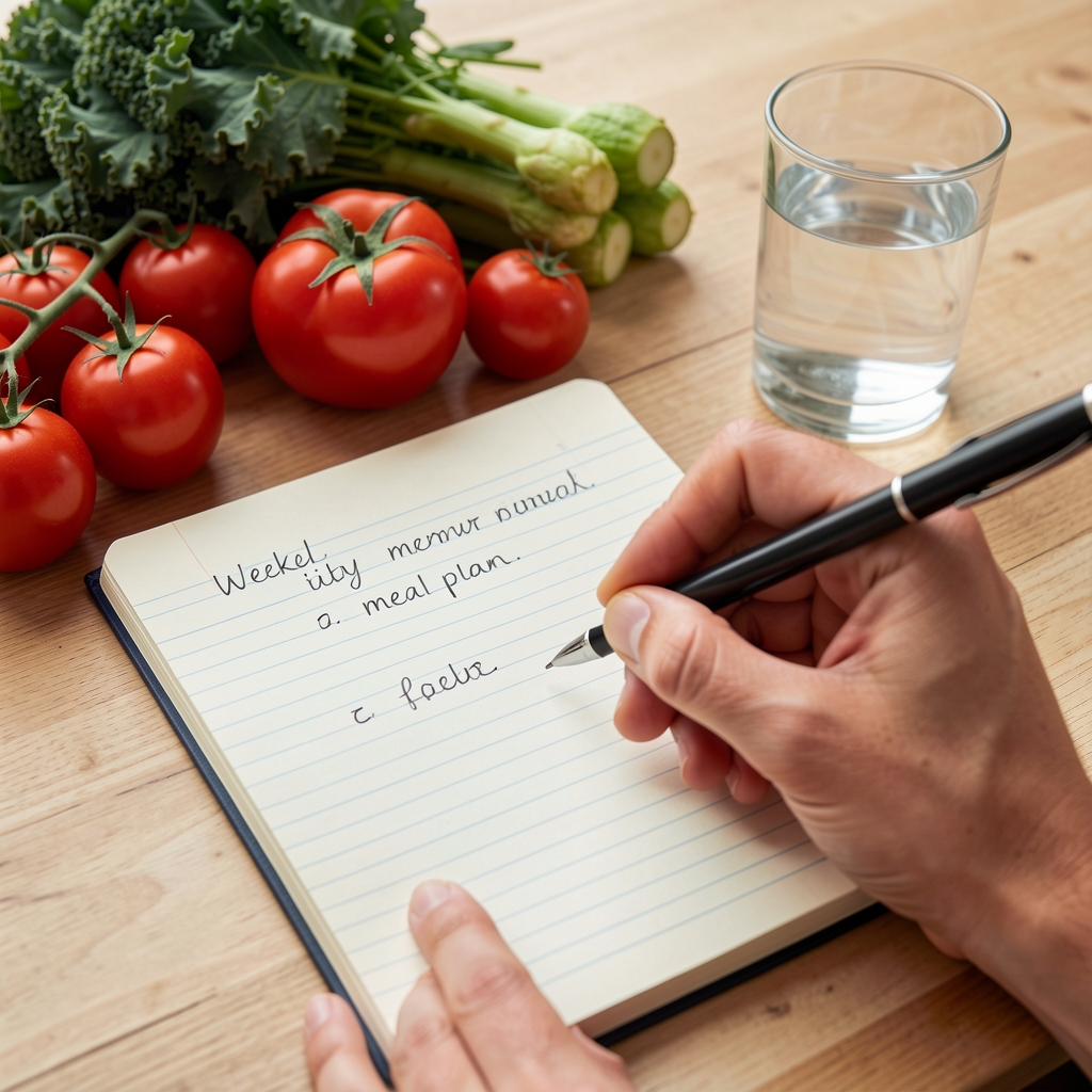 Hands writing a weekly meal plan in a lined notebook beside vegetables and a glass of water