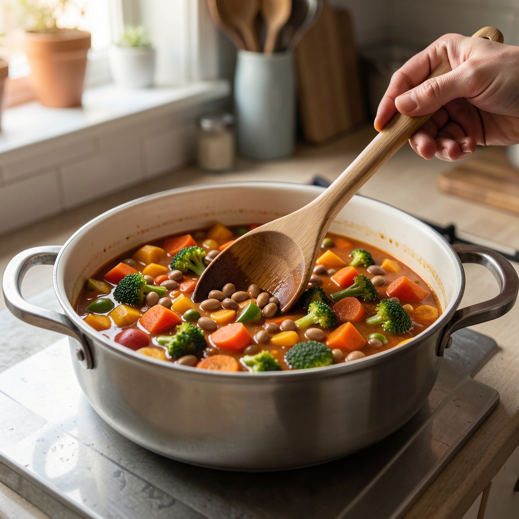 Wooden spoon stirring a colourful vegetable and bean stew in a home kitchen saucepan