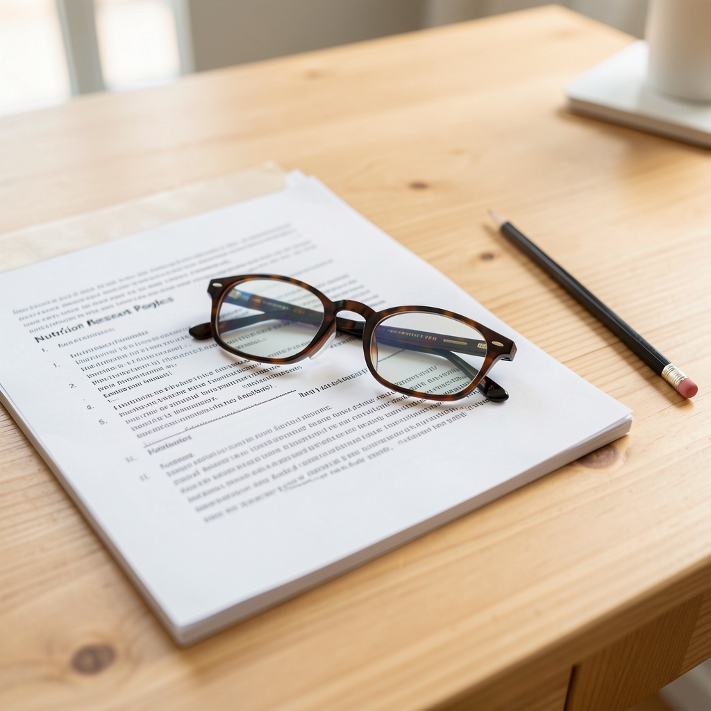 Nutrition research papers, reading glasses and a pencil arranged on a bright wooden desk