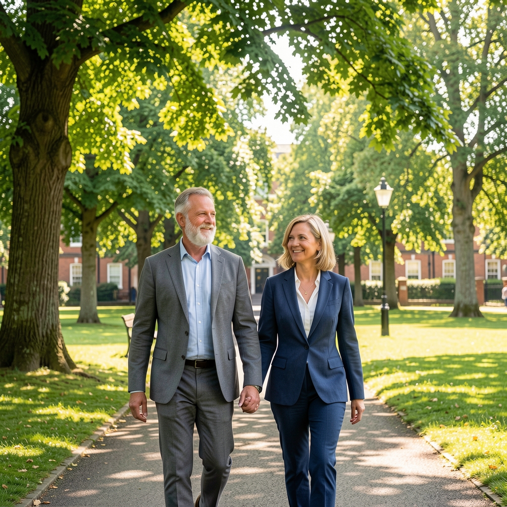 Middle-aged couple walking beside leafy trees in a Birmingham park on a bright morning